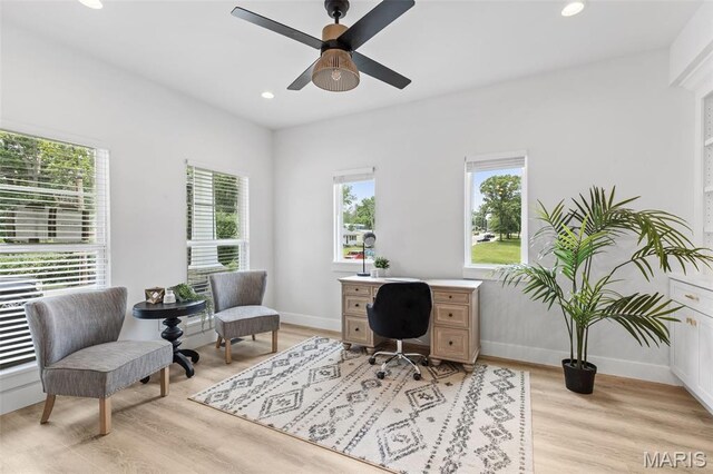 401 Rayburn Ave, Sunset Hills, MO 63127 - home office with ceiling fan, recessed lighting, light wood-style floors, and baseboards