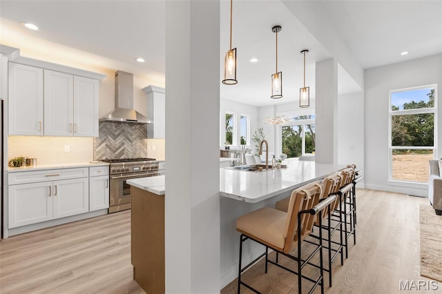 401 Rayburn Ave, Sunset Hills, MO 63127 - kitchen featuring wall chimney range hood, high end stainless steel range oven, plenty of natural light, light wood finished floors, and recessed lighting