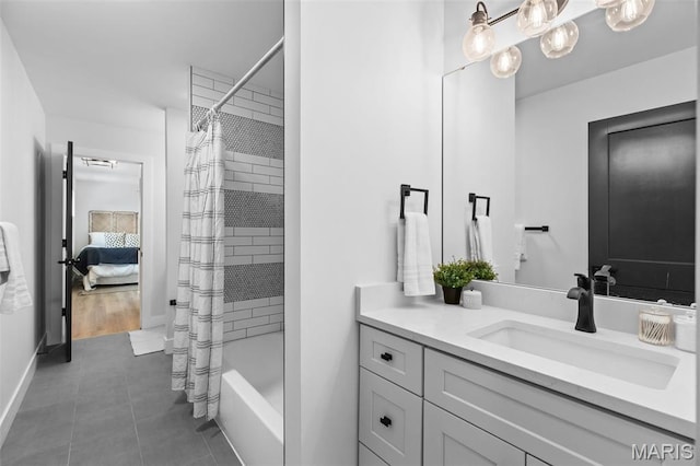 401 Rayburn Ave, Sunset Hills, MO 63127 - full bathroom with vanity, shower / tub combo, tile patterned floors, baseboards, and ensuite bathroom
