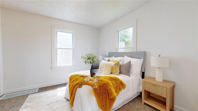 carpeted bedroom featuring baseboards and a textured ceiling