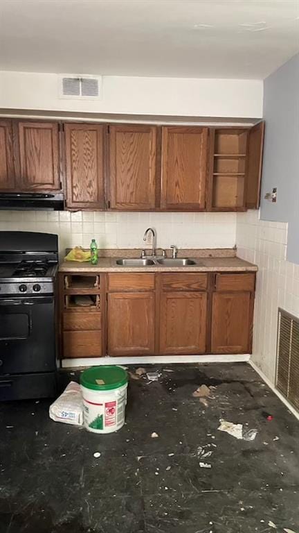 2816 Lyndhurst Ave, Saint Louis, MO 63114 - kitchen with gas stove, extractor fan, a sink, open shelves, and brown cabinetry