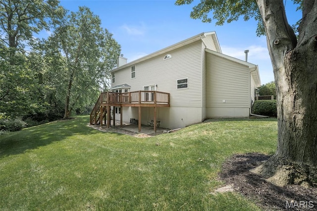 881 Sara Beth Ct, Saint Peters, MO 63376 - back of property featuring stairs, a wooden deck, a yard, a chimney, and a patio area