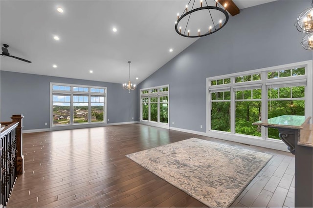 4196 Stone Crest Cpe, Girardeau, MO 63701 - living room featuring a chandelier, high vaulted ceiling, baseboards, wood finished floors, and a ceiling fan