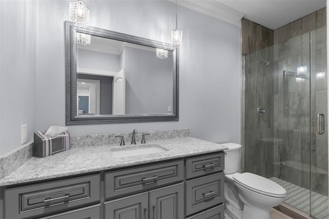 4196 Stone Crest Cpe, Girardeau, MO 63701 - full bathroom featuring a stall shower, toilet, vanity, a chandelier, and ornamental molding