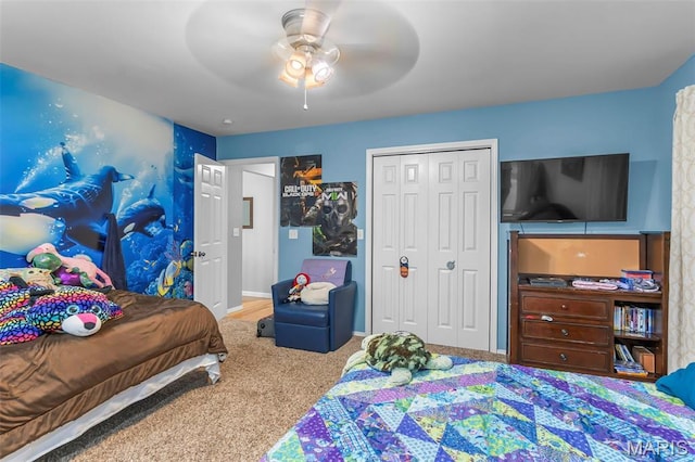 15092 State Highway Ad, Dexter, MO 63841 - bedroom featuring a closet, carpet, and ceiling fan