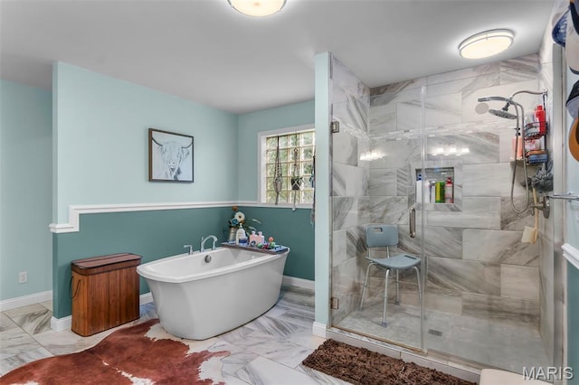 15092 State Highway Ad, Dexter, MO 63841 - bathroom featuring a soaking tub, a shower stall, and marble look tiles