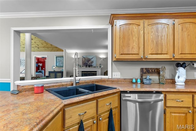 15092 State Highway Ad, Dexter, MO 63841 - kitchen with dishwasher, light countertops, a fireplace, and ornamental molding
