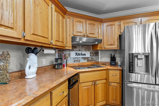 15092 State Highway Ad, Dexter, MO 63841 - kitchen with stainless steel fridge, under cabinet range hood, black electric cooktop, backsplash, and brown cabinetry