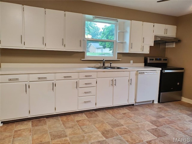 1225 Bloomfield Rd, Cape Girardeau, MO 63703 - kitchen featuring white dishwasher, electric range, a sink, under cabinet range hood, and stone finish flooring