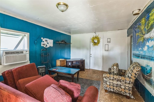 living room with cooling unit and crown molding