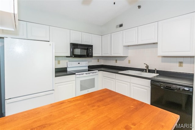 902 Hanna Place Ct Unit A, Manchester, MO 63021 - kitchen with black appliances, backsplash, dark countertops, and white cabinetry
