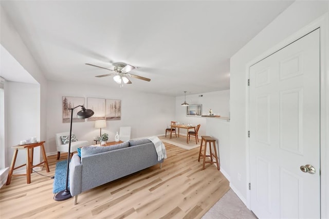 1625 Forest Springs Ln Unit A, Ballwin, MO 63021 - living room featuring ceiling fan, light wood-style floors, and baseboards