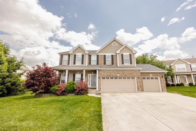 view of front of house featuring brick siding, a front lawn, driveway, covered porch, and an attached garage