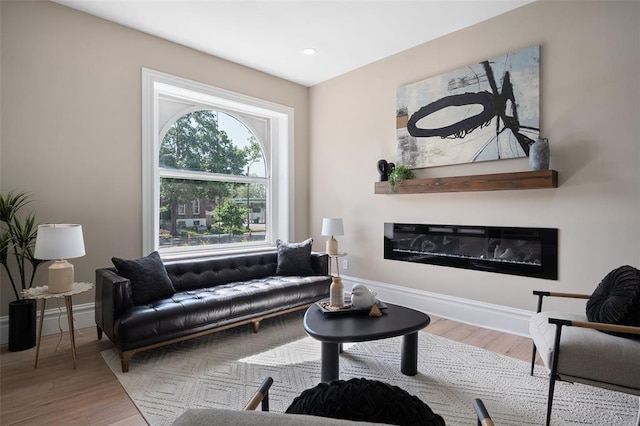 3235 S Jefferson Ave, Saint Louis, MO 63118 - living room featuring wood finished floors, baseboards, a glass covered fireplace, and recessed lighting