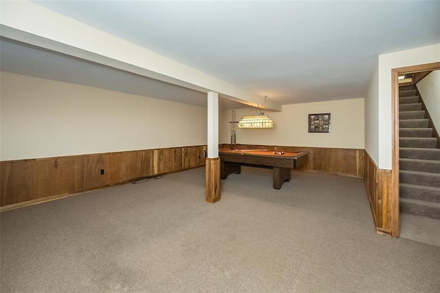 14 Wimbly Pl, Saint Charles, MO 63301 - game room featuring pool table, carpet, a wainscoted wall, and wooden walls