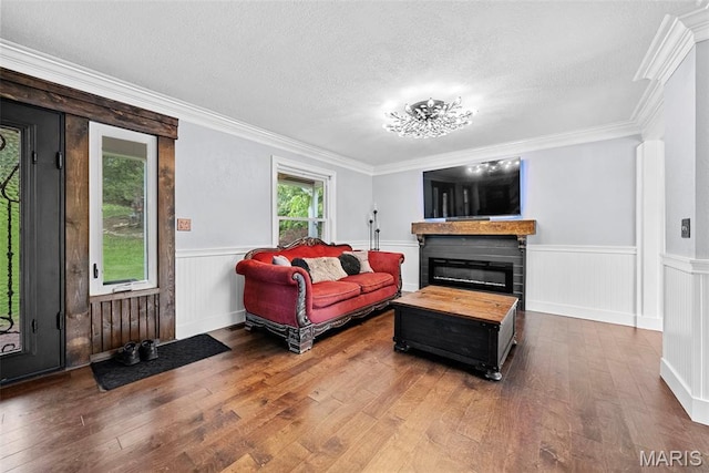 425 Cedar Ln, Wentzville, MO 63385 - living area featuring hardwood / wood-style floors, a textured ceiling, a glass covered fireplace, wainscoting, and ornamental molding