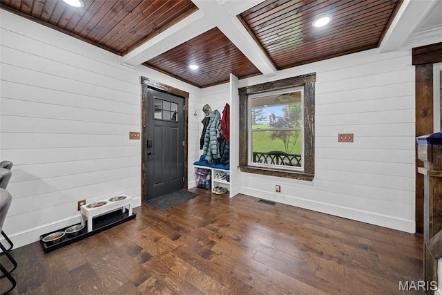425 Cedar Ln, Wentzville, MO 63385 - foyer with wood ceiling with exposed beams, dark wood-style floors, wood walls, baseboards, and recessed lighting