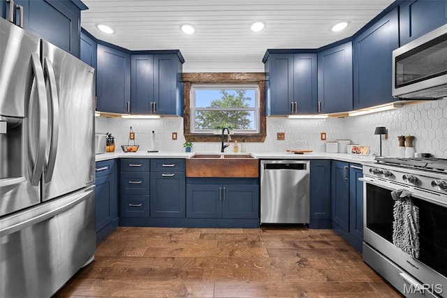 425 Cedar Ln, Wentzville, MO 63385 - kitchen featuring appliances with stainless steel finishes, blue cabinets, a sink, and recessed lighting