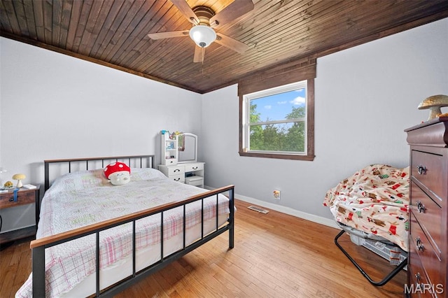 425 Cedar Ln, Wentzville, MO 63385 - bedroom with wooden ceiling, baseboards, wood-type flooring, and ceiling fan