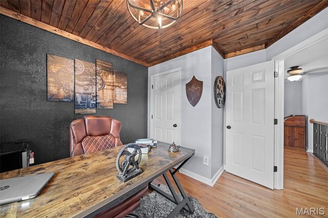 425 Cedar Ln, Wentzville, MO 63385 - office space with wood ceiling, wood finished floors, baseboards, and a chandelier
