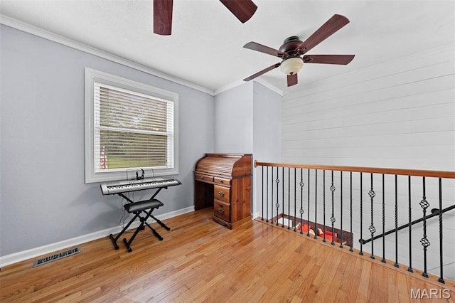 425 Cedar Ln, Wentzville, MO 63385 - living area with a ceiling fan, crown molding, hardwood / wood-style floors, and baseboards