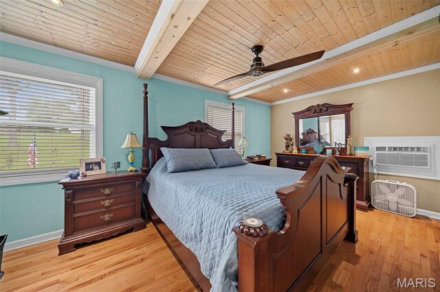 425 Cedar Ln, Wentzville, MO 63385 - bedroom with wood ceiling with exposed beams, multiple windows, light wood-style floors, ornamental molding, and baseboards