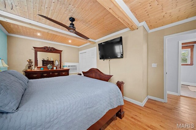 425 Cedar Ln, Wentzville, MO 63385 - bedroom featuring wood ceiling with exposed beams, ornamental molding, light wood finished floors, baseboards, and ceiling fan