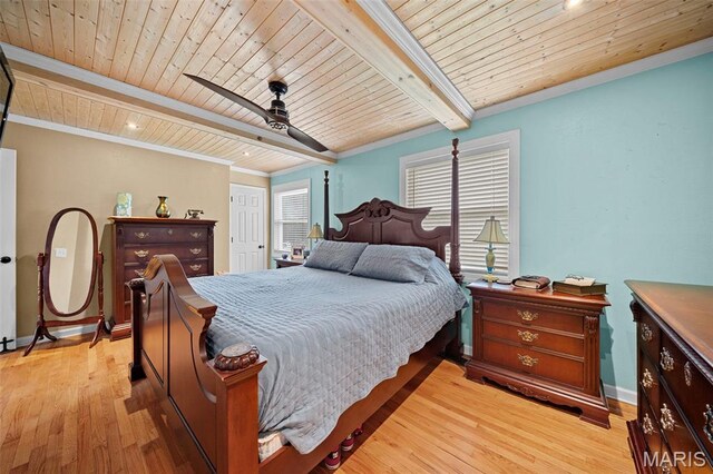 425 Cedar Ln, Wentzville, MO 63385 - bedroom featuring wooden ceiling with exposed beams, light wood-type flooring, ornamental molding, baseboards, and ceiling fan