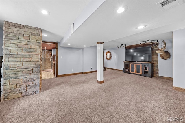 425 Cedar Ln, Wentzville, MO 63385 - finished below grade area with carpet flooring, baseboards, and recessed lighting