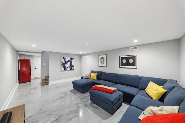 527 W Lake Dr, Edwardsville, IL 62025 - living area with recessed lighting, baseboards, and light marble finish floors