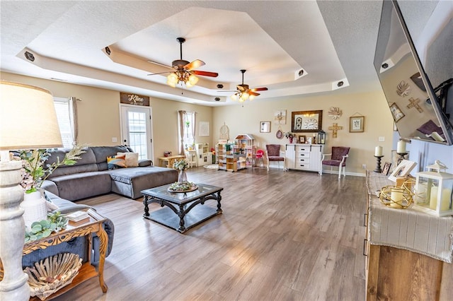 1114 Daffodil St, Sikeston, MO 63801 - living area with a tray ceiling, a ceiling fan, and light wood-type flooring