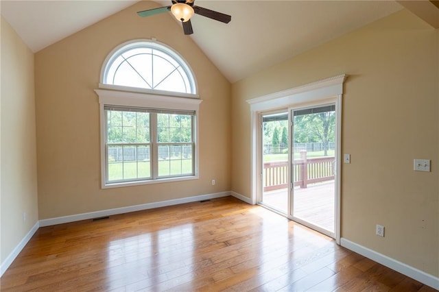 924 Brookside Ln, Rolla, MO 65401 - unfurnished room with ceiling fan, hardwood / wood-style flooring, vaulted ceiling, and baseboards