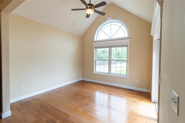 924 Brookside Ln, Rolla, MO 65401 - unfurnished room with a ceiling fan, light wood finished floors, vaulted ceiling, and baseboards