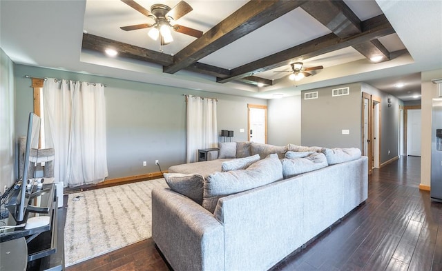 20998 Halifax Dr, Saint Robert, MO 65584 - living room featuring ceiling fan, baseboards, dark wood finished floors, coffered ceiling, and beam ceiling