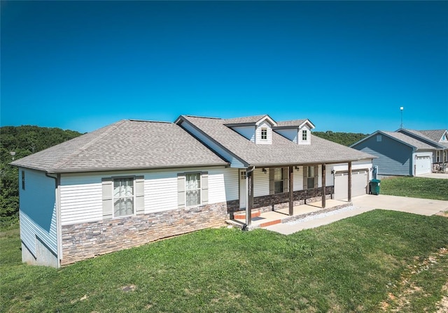 20998 Halifax Dr, Saint Robert, MO 65584 - view of front of home with covered porch, a front yard, concrete driveway, an attached garage, and stone siding