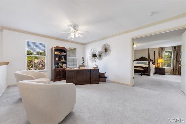 943 Sheffield Forest Ct, Saint Louis, MO 63021 - office space featuring crown molding, light colored carpet, and a ceiling fan