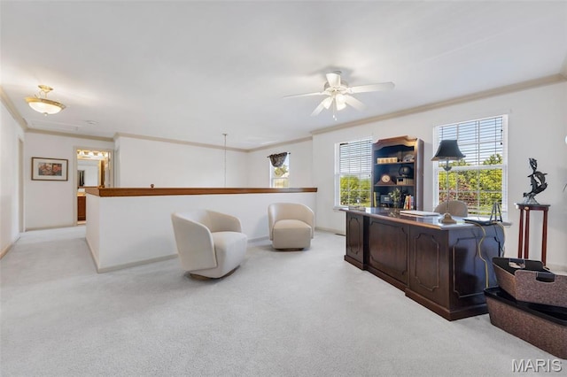 943 Sheffield Forest Ct, Saint Louis, MO 63021 - home office with crown molding, light colored carpet, and a ceiling fan