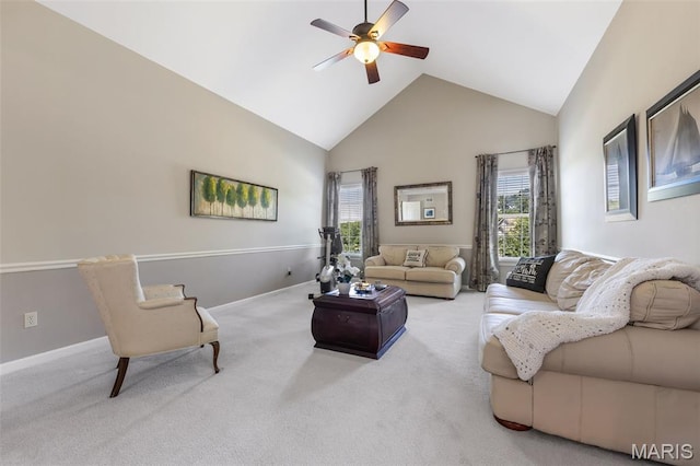 943 Sheffield Forest Ct, Saint Louis, MO 63021 - living room with a ceiling fan, high vaulted ceiling, and carpet flooring