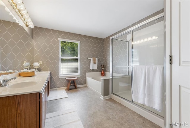 943 Sheffield Forest Ct, Saint Louis, MO 63021 - bathroom with vanity, a bath, tile patterned floors, and a shower stall