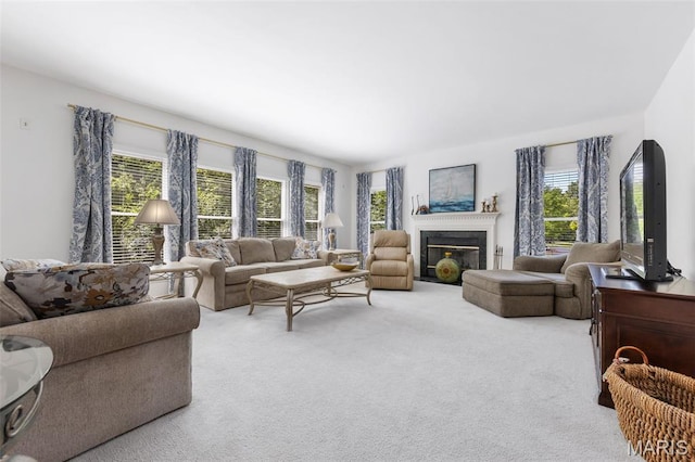943 Sheffield Forest Ct, Saint Louis, MO 63021 - living room with carpet floors and a fireplace with flush hearth