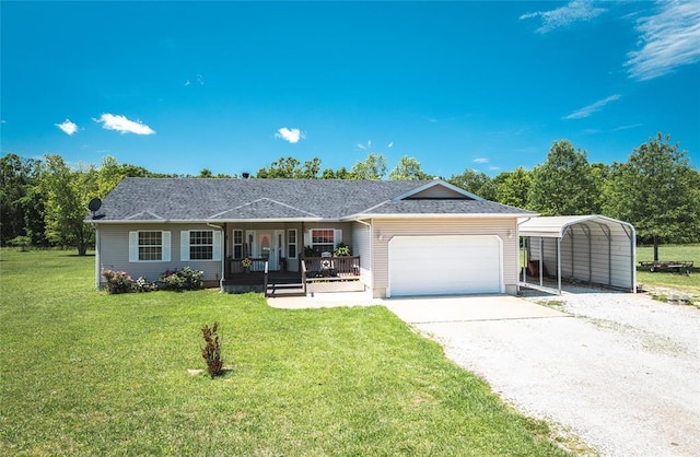 12755 Echo Ln, Plato, MO 65552 - ranch-style house featuring a porch, a front lawn, driveway, a garage, and a carport