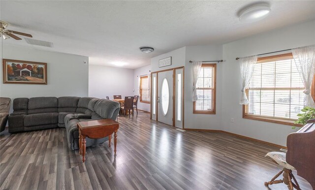 12755 Echo Ln, Plato, MO 65552 - living room with wood finished floors, plenty of natural light, ceiling fan, and baseboards