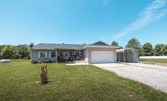 12755 Echo Ln, Plato, MO 65552 - single story home with gravel driveway, a front yard, an attached garage, and a carport