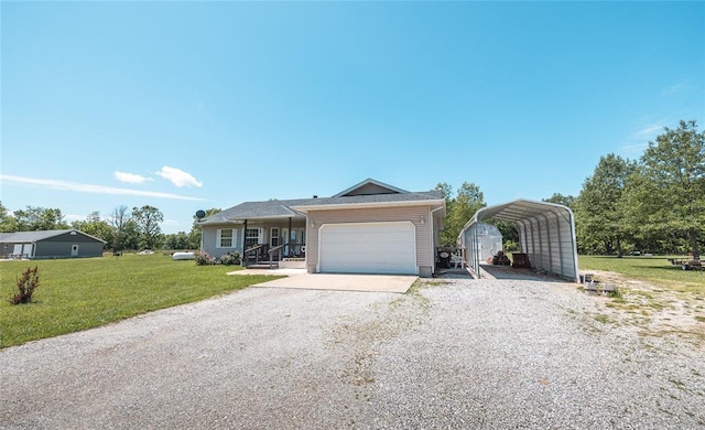 12755 Echo Ln, Plato, MO 65552 - ranch-style home with gravel driveway, a front yard, a porch, a garage, and a detached carport