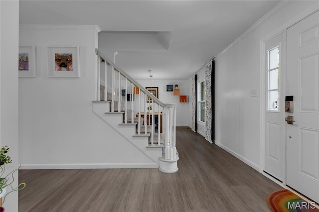 16027 Clarkson Woods Dr, Chesterfield, MO 63017 - entryway with dark wood-style flooring and stairway