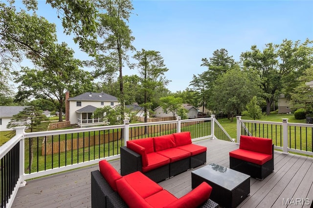 16027 Clarkson Woods Dr, Chesterfield, MO 63017 - wooden deck with an outdoor hangout area and a lawn