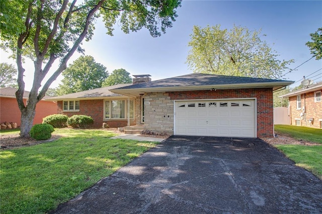3406 Mcarthur Blvd, Alton, IL 62002 - ranch-style home featuring asphalt driveway, brick siding, a front lawn, a garage, and a chimney