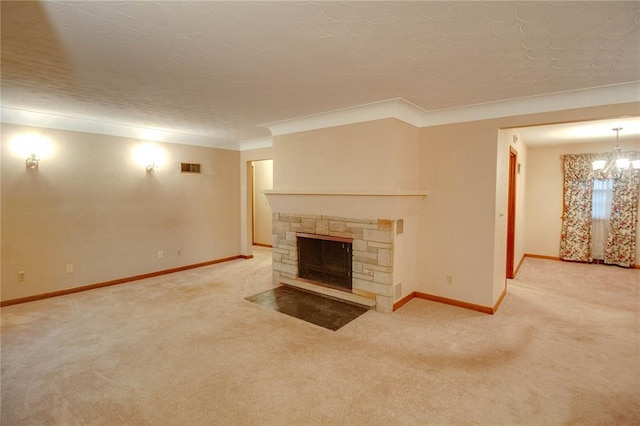 3406 Mcarthur Blvd, Alton, IL 62002 - unfurnished living room featuring carpet, a chandelier, baseboards, ornamental molding, and a stone fireplace