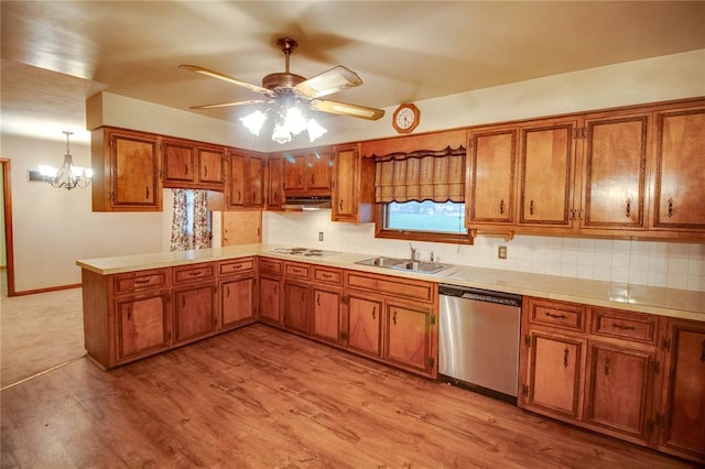 3406 Mcarthur Blvd, Alton, IL 62002 - kitchen with dishwasher, a sink, brown cabinetry, white stovetop, and a peninsula
