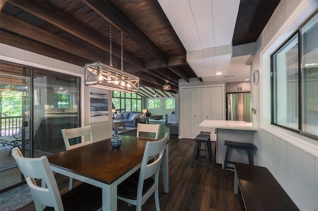 600 Innisfree Lake Dr, Innsbrook, MO 63390 - dining room featuring dark wood finished floors, wood ceiling with exposed beams, and a chandelier